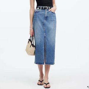NWT Madewell Women's Blue Rilee Denim Midi Skirt Size 28 Casual Front Slit